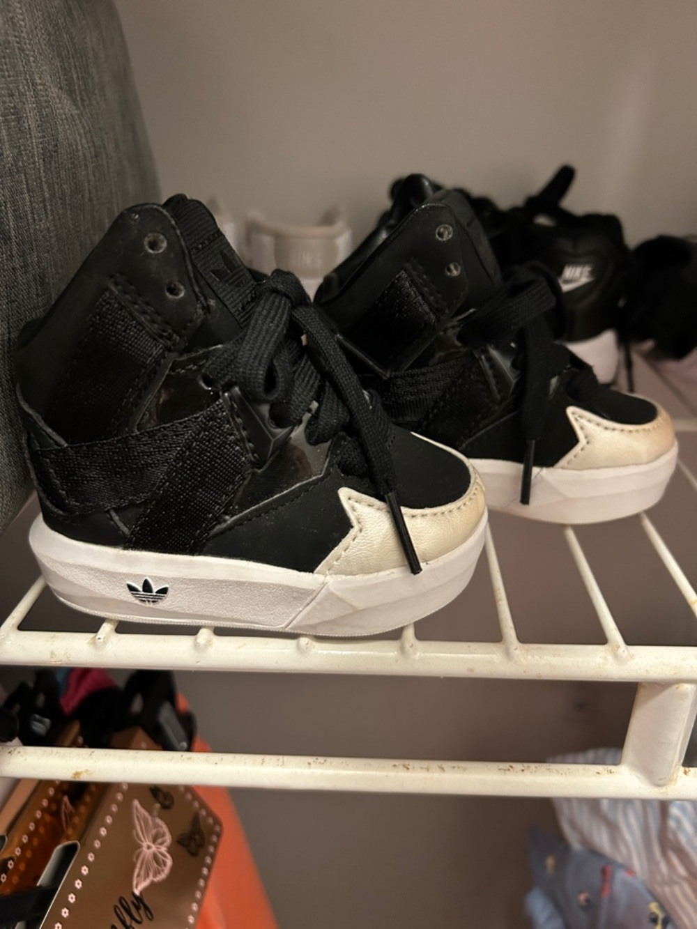adidas Kids Black & White High-Top Sneakers with Cream Toe